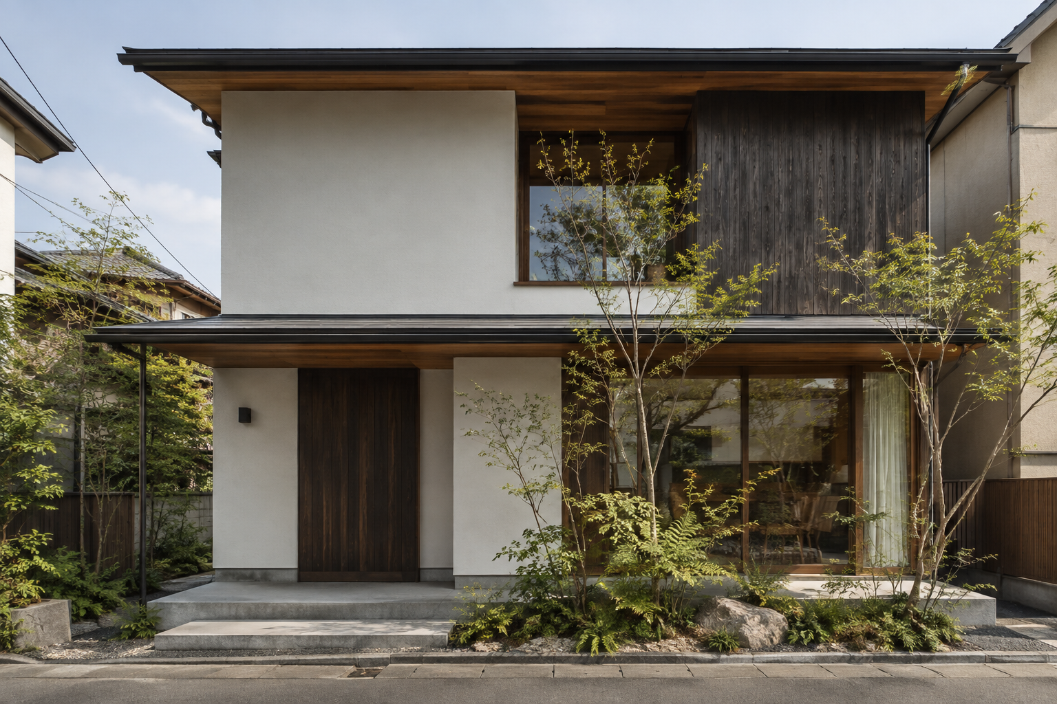 木と塗り壁を用いた二階建て住宅のイメージ